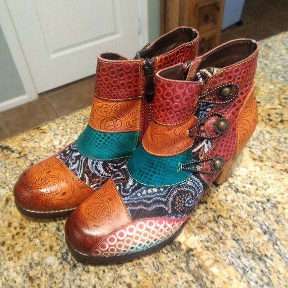 Womens US 6 2020 Vintage Printed Buttons Blok Heel Bootie Ankle Boots Shoes - Picture 7 of 12